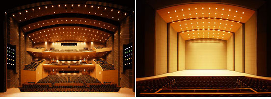 大ホール客席（左）と音響反射板を出した舞台（右）